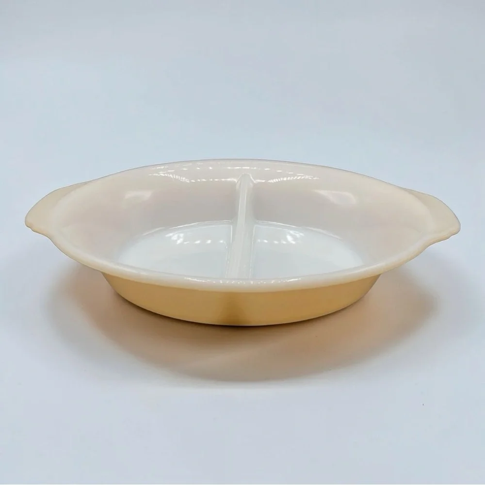 Vintage Fire King Peach Luster Reverse Logo Divided Casserole Serving Dish #468